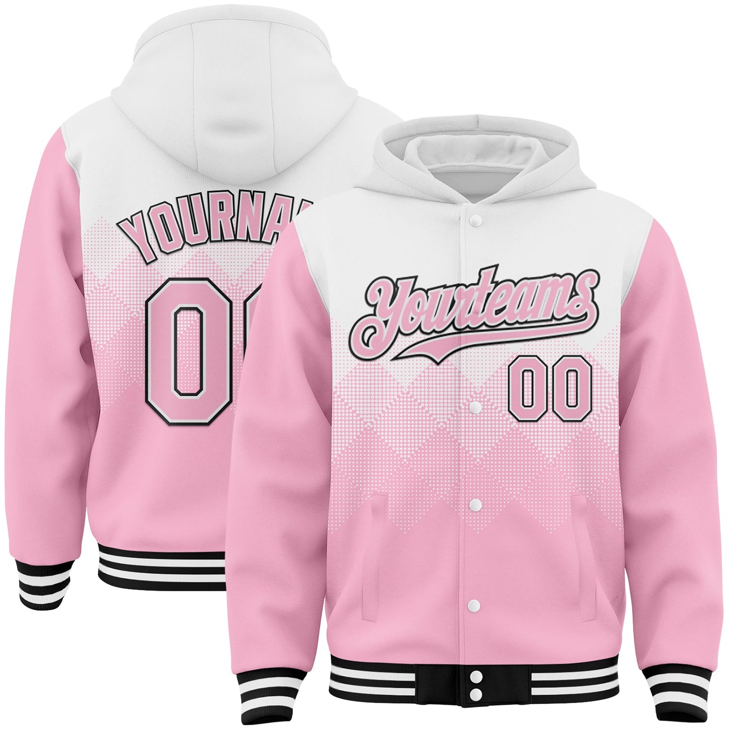 Custom White Light Pink-Black Gradient Square Shape 3D Pattern Design Bomber Full-Snap Varsity Letterman Hoodie Jacket - Main View