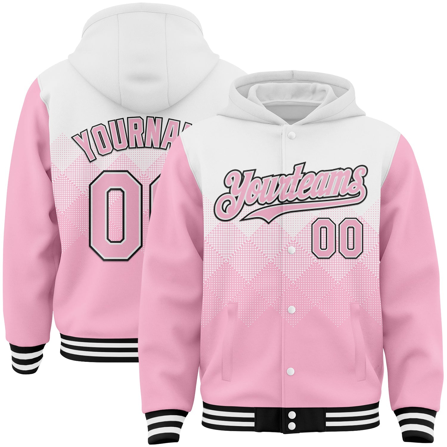 Custom White Light Pink-Black Gradient Square Shape 3D Pattern Design Bomber Full-Snap Varsity Letterman Hoodie Jacket - Main View