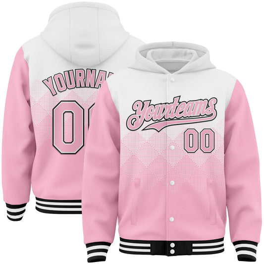 Custom White Light Pink-Black Gradient Square Shape 3D Pattern Design Bomber Full-Snap Varsity Letterman Hoodie Jacket - Main View