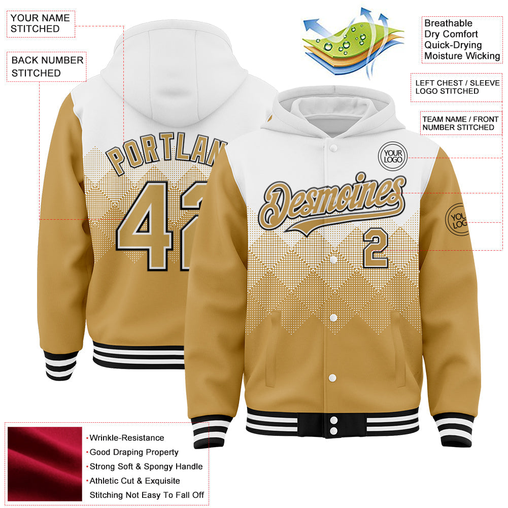 Custom White Old Gold-Black Gradient Square Shape 3D Pattern Design Bomber Full-Snap Varsity Letterman Hoodie Jacket view 3