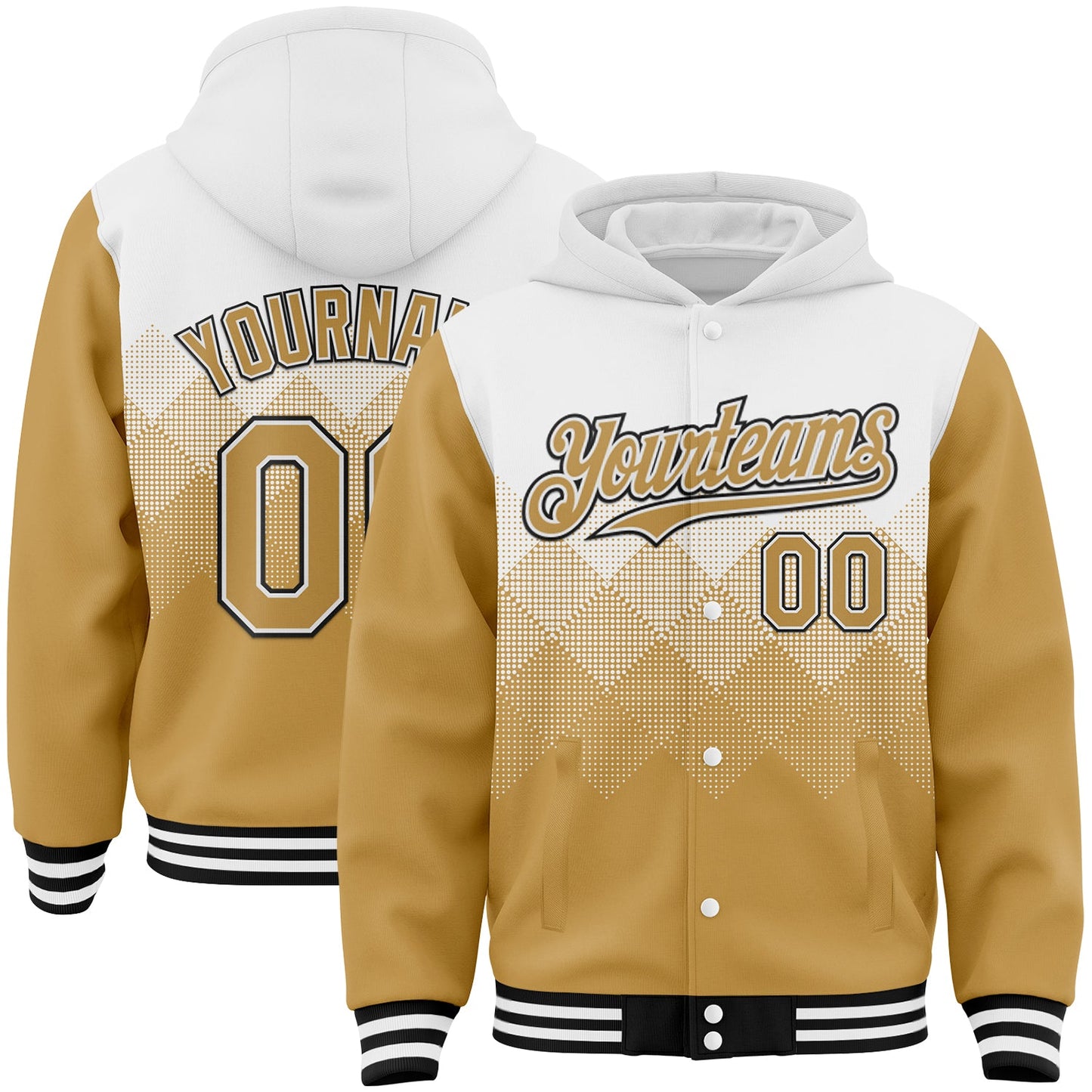 Custom White Old Gold-Black Gradient Square Shape 3D Pattern Design Bomber Full-Snap Varsity Letterman Hoodie Jacket - Main View