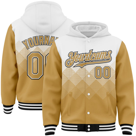 Custom White Old Gold-Black Gradient Square Shape 3D Pattern Design Bomber Full-Snap Varsity Letterman Hoodie Jacket - Main View