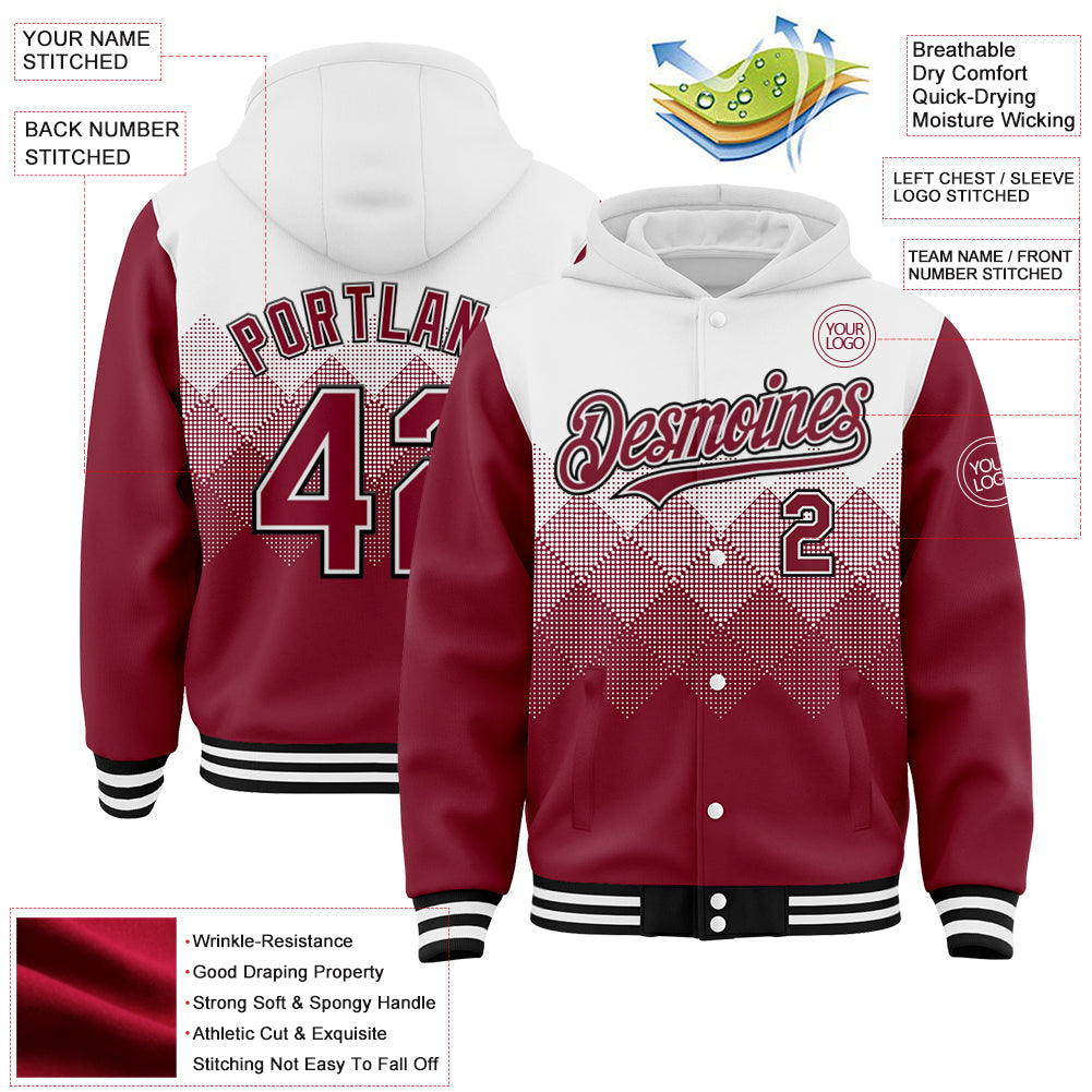 Custom White Crimson-Black Gradient Square Shape 3D Pattern Design Bomber Full-Snap Varsity Letterman Hoodie Jacket view 3