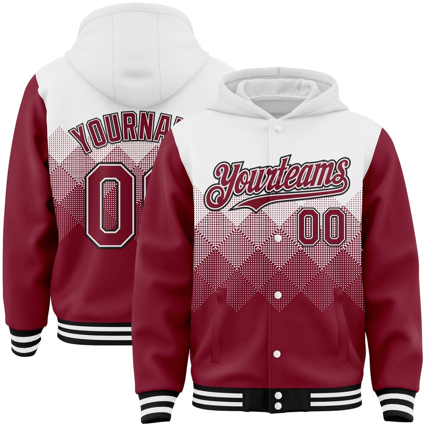Custom White Crimson-Black Gradient Square Shape 3D Pattern Design Bomber Full-Snap Varsity Letterman Hoodie Jacket - Main View
