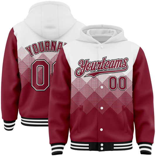 Custom White Crimson-Black Gradient Square Shape 3D Pattern Design Bomber Full-Snap Varsity Letterman Hoodie Jacket - Main View