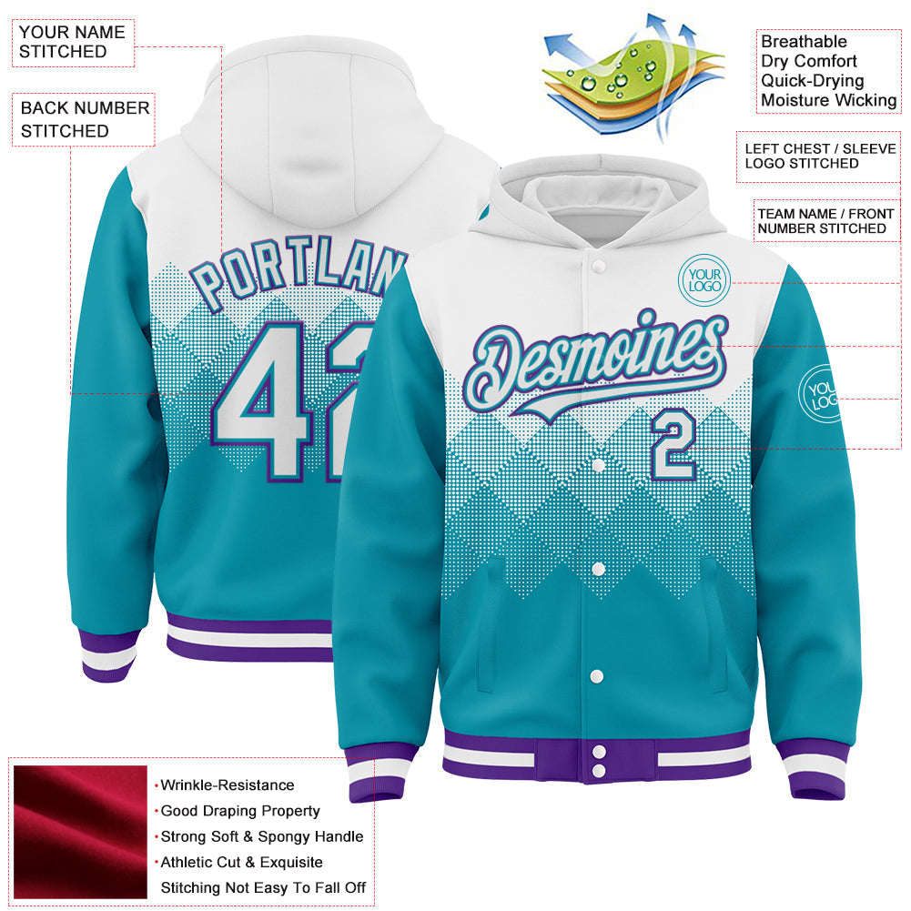 Custom White Teal-Purple Gradient Square Shape 3D Pattern Design Bomber Full-Snap Varsity Letterman Hoodie Jacket view 3