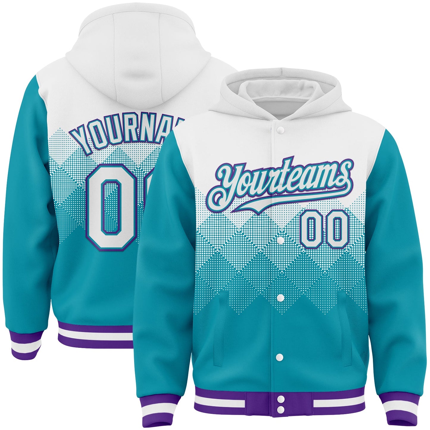 Custom White Teal-Purple Gradient Square Shape 3D Pattern Design Bomber Full-Snap Varsity Letterman Hoodie Jacket - Main View