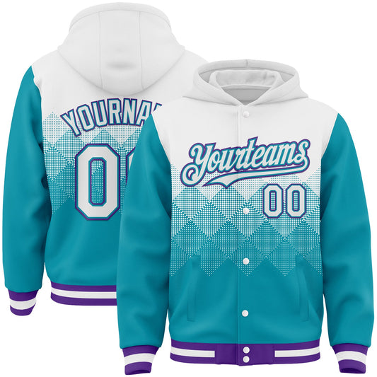 Custom White Teal-Purple Gradient Square Shape 3D Pattern Design Bomber Full-Snap Varsity Letterman Hoodie Jacket - Main View