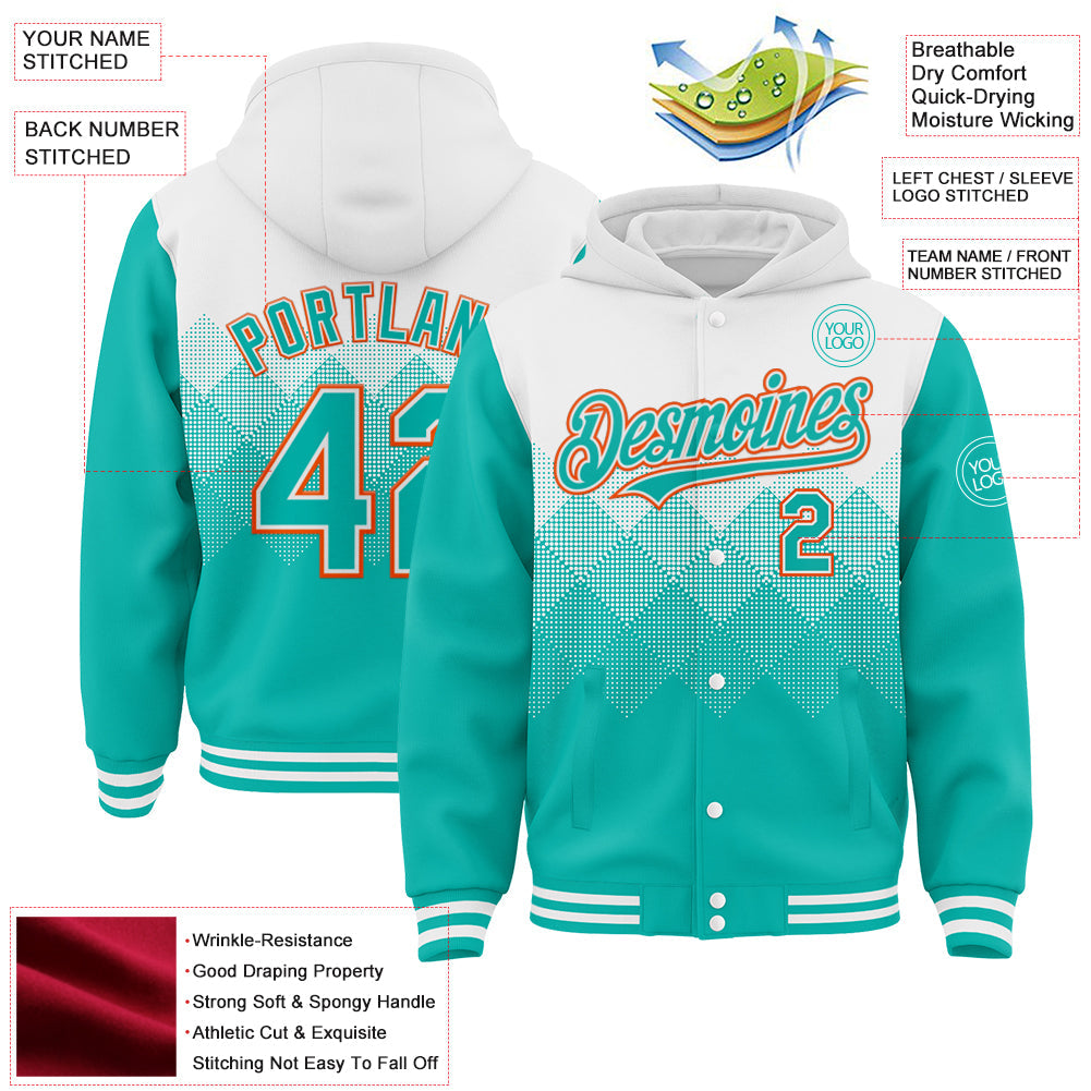 Custom White Aqua-Orange Gradient Square Shape 3D Pattern Design Bomber Full-Snap Varsity Letterman Hoodie Jacket view 3