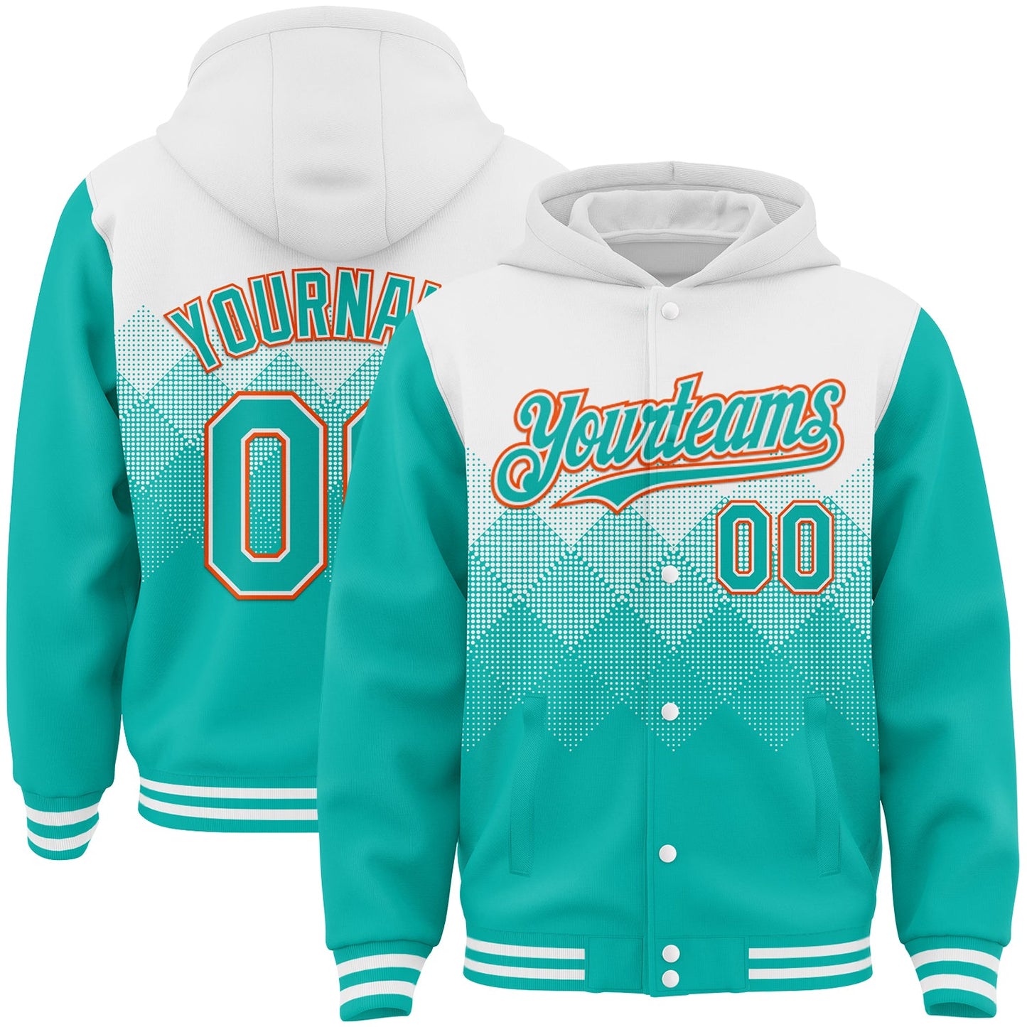 Custom White Aqua-Orange Gradient Square Shape 3D Pattern Design Bomber Full-Snap Varsity Letterman Hoodie Jacket - Main View