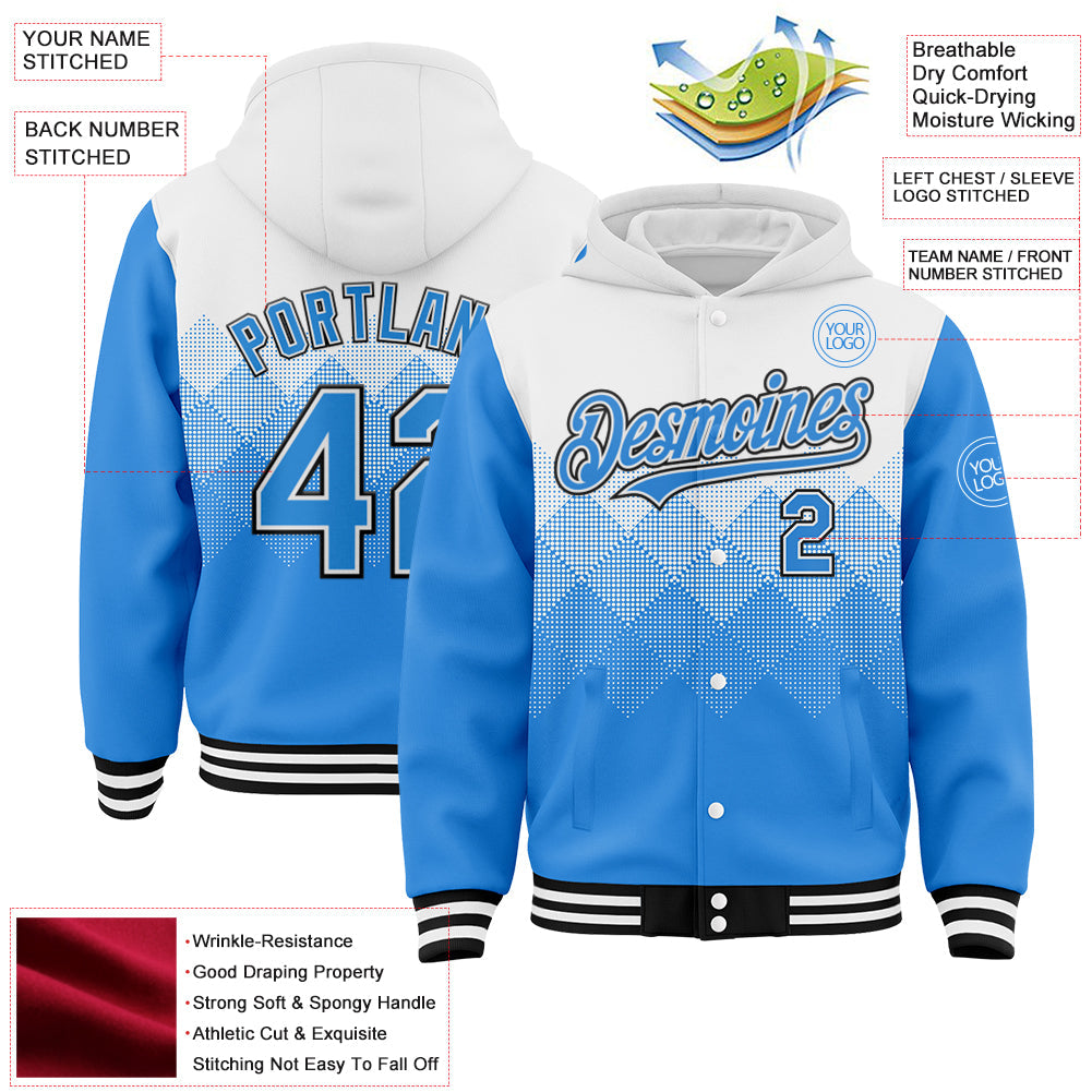 Custom White Powder Blue-Black Gradient Square Shape 3D Pattern Design Bomber Full-Snap Varsity Letterman Hoodie Jacket view 3