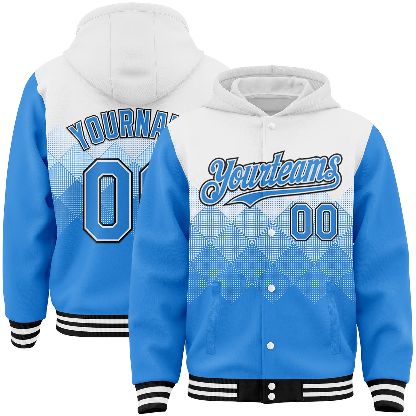 Custom White Powder Blue-Black Gradient Square Shape 3D Pattern Design Bomber Full-Snap Varsity Letterman Hoodie Jacket - Main View