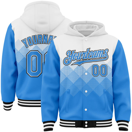 Custom White Powder Blue-Black Gradient Square Shape 3D Pattern Design Bomber Full-Snap Varsity Letterman Hoodie Jacket - Main View