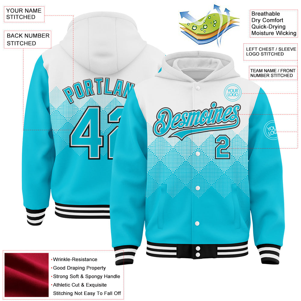 Custom White Lakes Blue-Black Gradient Square Shape 3D Pattern Design Bomber Full-Snap Varsity Letterman Hoodie Jacket view 3