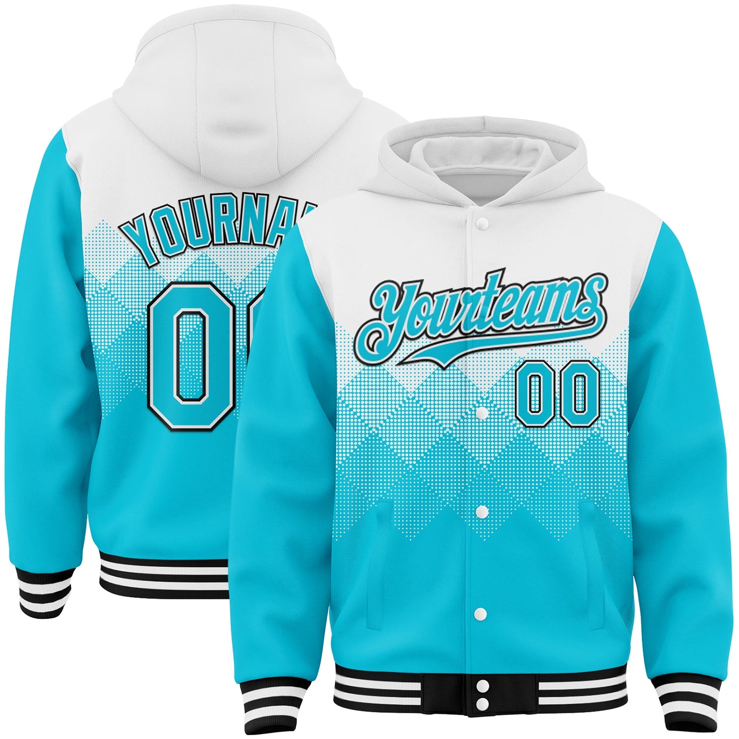 Custom White Lakes Blue-Black Gradient Square Shape 3D Pattern Design Bomber Full-Snap Varsity Letterman Hoodie Jacket - Main View