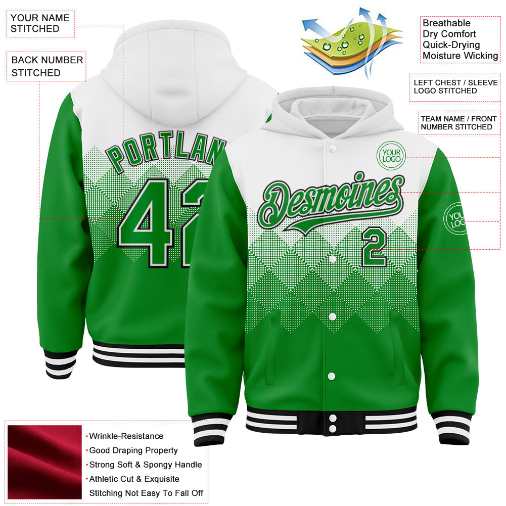Custom White Grass Green-Black Gradient Square Shape 3D Pattern Design Bomber Full-Snap Varsity Letterman Hoodie Jacket view 3
