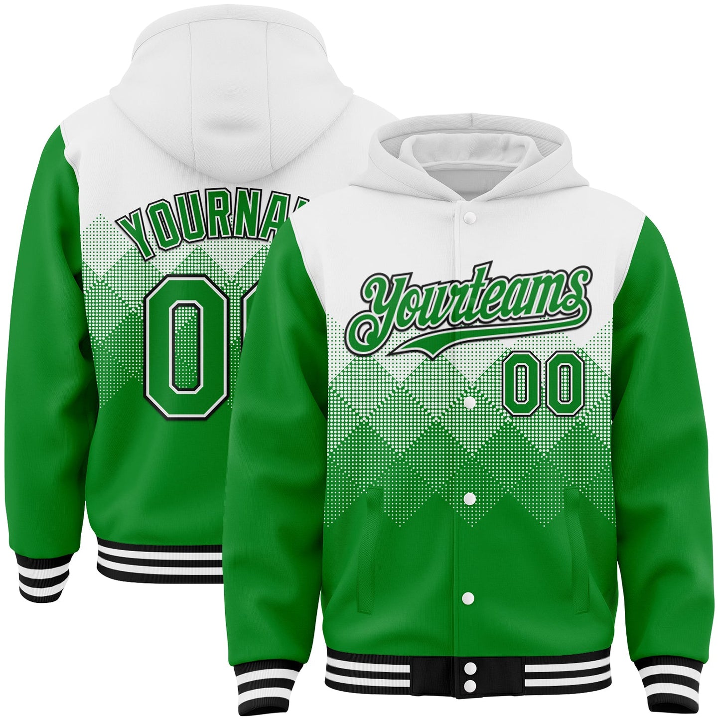 Custom White Grass Green-Black Gradient Square Shape 3D Pattern Design Bomber Full-Snap Varsity Letterman Hoodie Jacket - Main View