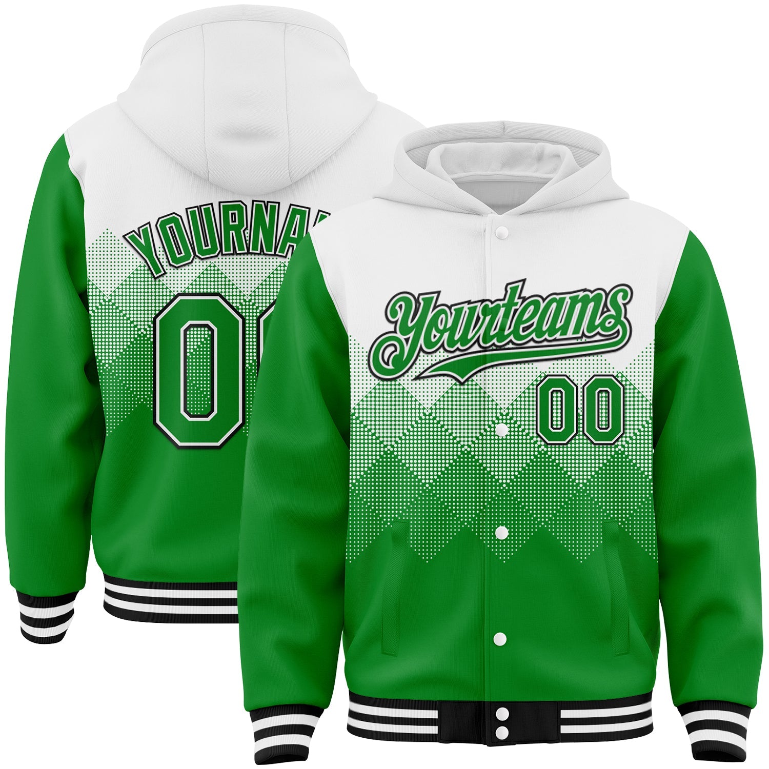 Custom White Grass Green-Black Gradient Square Shape 3D Pattern Design Bomber Full-Snap Varsity Letterman Hoodie Jacket - Main View