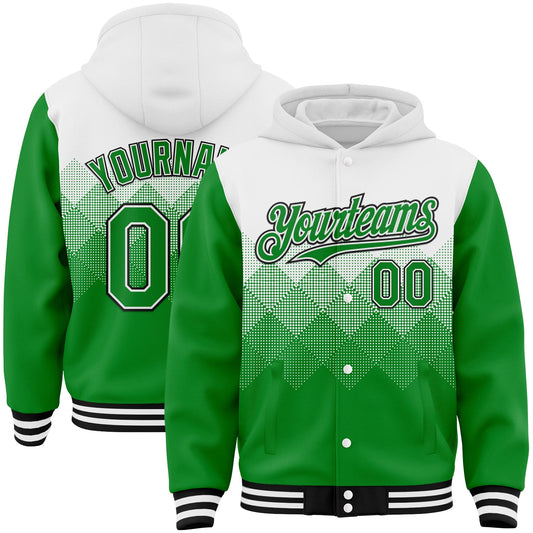 Custom White Grass Green-Black Gradient Square Shape 3D Pattern Design Bomber Full-Snap Varsity Letterman Hoodie Jacket - Main View