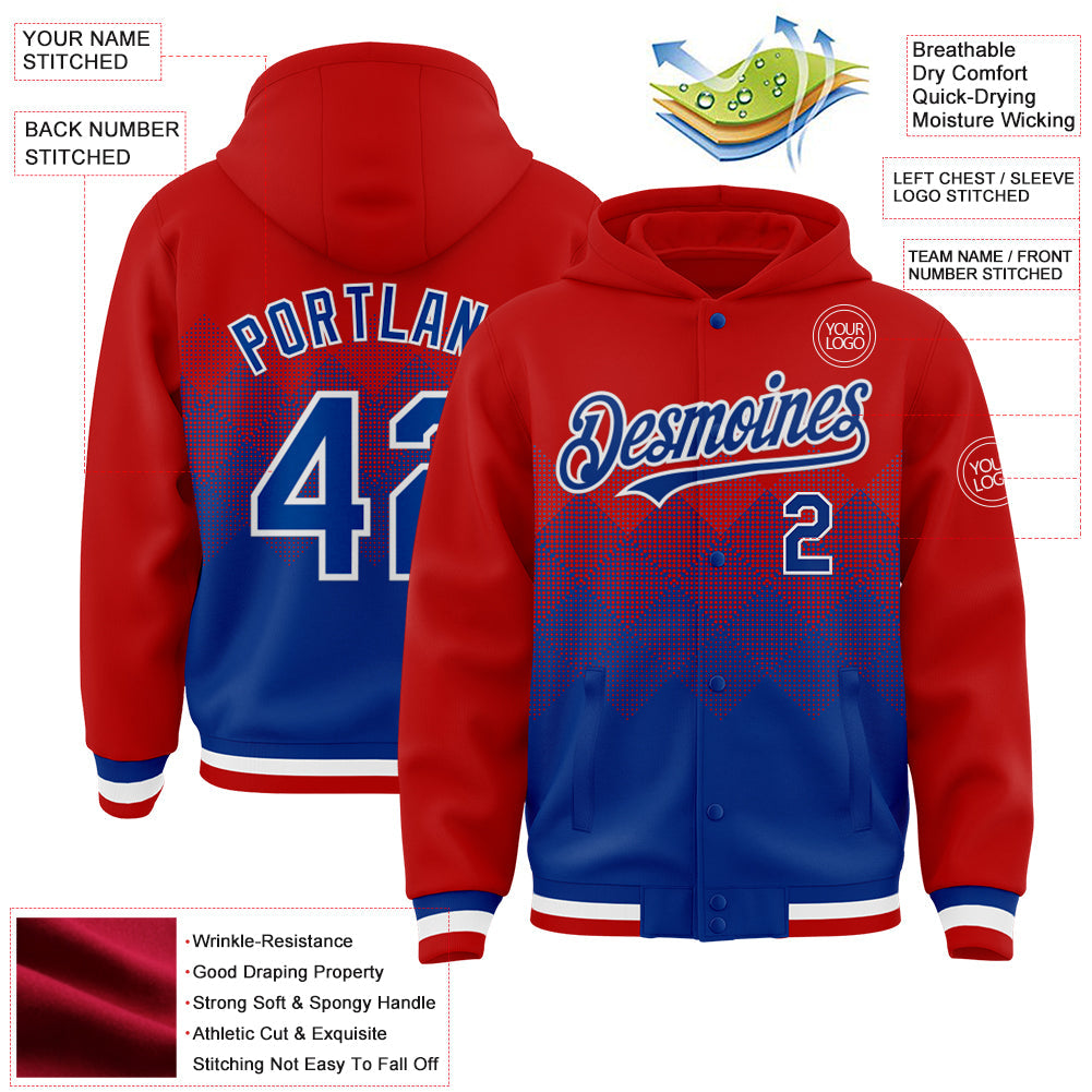 Custom Red Royal-White Gradient Square Shape 3D Pattern Design Bomber Full-Snap Varsity Letterman Hoodie Jacket view 3