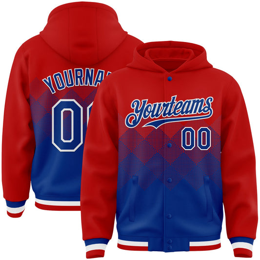 Custom Red Royal-White Gradient Square Shape 3D Pattern Design Bomber Full-Snap Varsity Letterman Hoodie Jacket - Main View