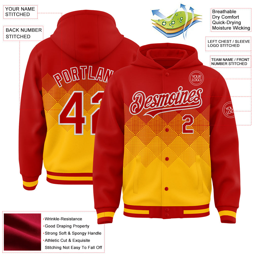 Custom Red Gold-White Gradient Square Shape 3D Pattern Design Bomber Full-Snap Varsity Letterman Hoodie Jacket view 3