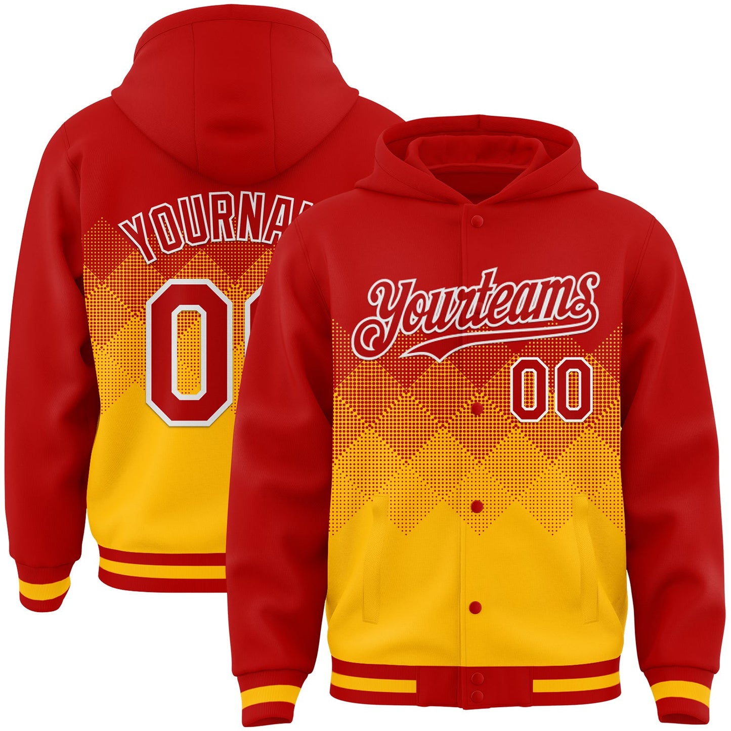 Custom Red Gold-White Gradient Square Shape 3D Pattern Design Bomber Full-Snap Varsity Letterman Hoodie Jacket - Main View