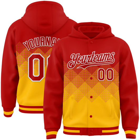 Custom Red Gold-White Gradient Square Shape 3D Pattern Design Bomber Full-Snap Varsity Letterman Hoodie Jacket - Main View