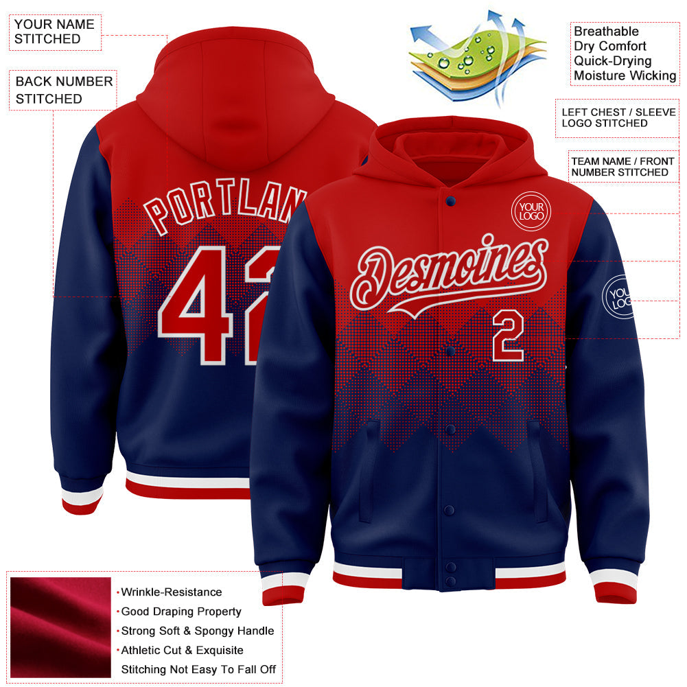 Custom Red Navy-White Gradient Square Shape 3D Pattern Design Bomber Full-Snap Varsity Letterman Hoodie Jacket view 3