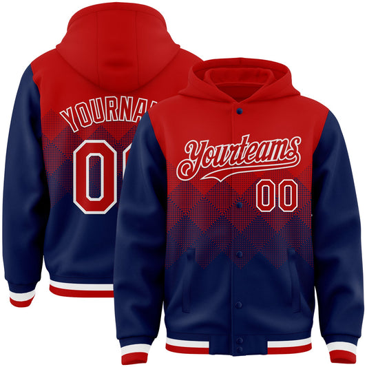 Custom Red Navy-White Gradient Square Shape 3D Pattern Design Bomber Full-Snap Varsity Letterman Hoodie Jacket - Main View