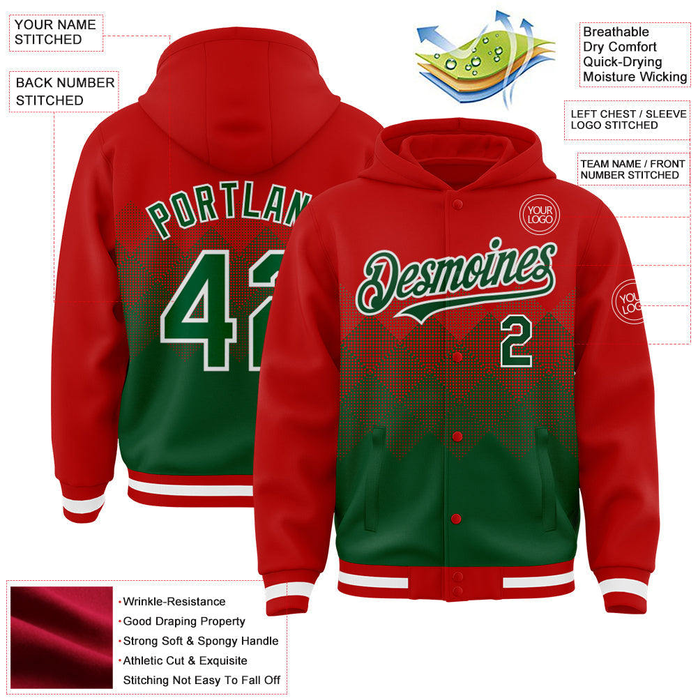 Custom Red Green-White Gradient Square Shape 3D Pattern Design Bomber Full-Snap Varsity Letterman Hoodie Jacket view 3