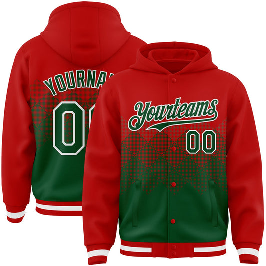 Custom Red Green-White Gradient Square Shape 3D Pattern Design Bomber Full-Snap Varsity Letterman Hoodie Jacket - Main View