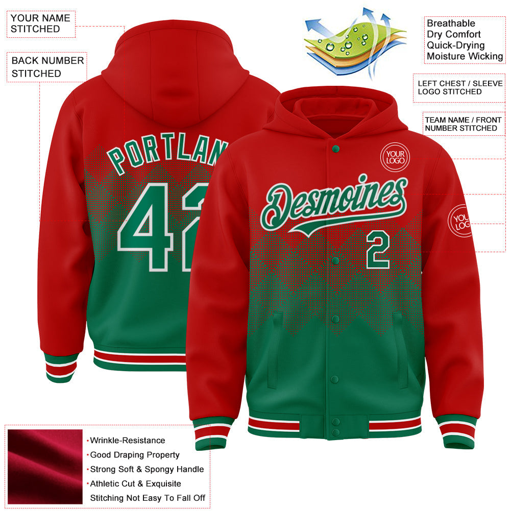 Custom Red Kelly Green-White Gradient Square Shape 3D Pattern Design Bomber Full-Snap Varsity Letterman Hoodie Jacket view 3
