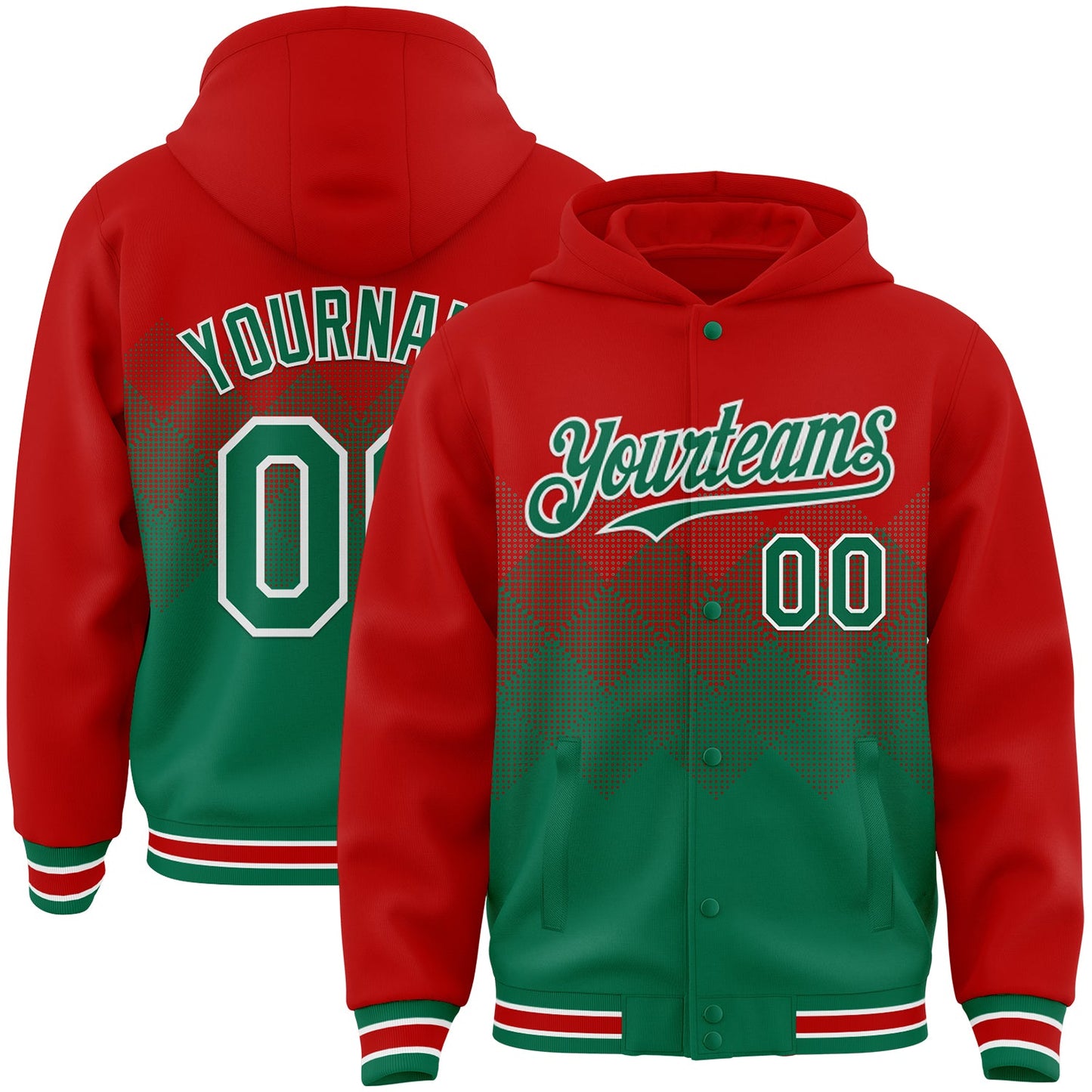 Custom Red Kelly Green-White Gradient Square Shape 3D Pattern Design Bomber Full-Snap Varsity Letterman Hoodie Jacket - Main View
