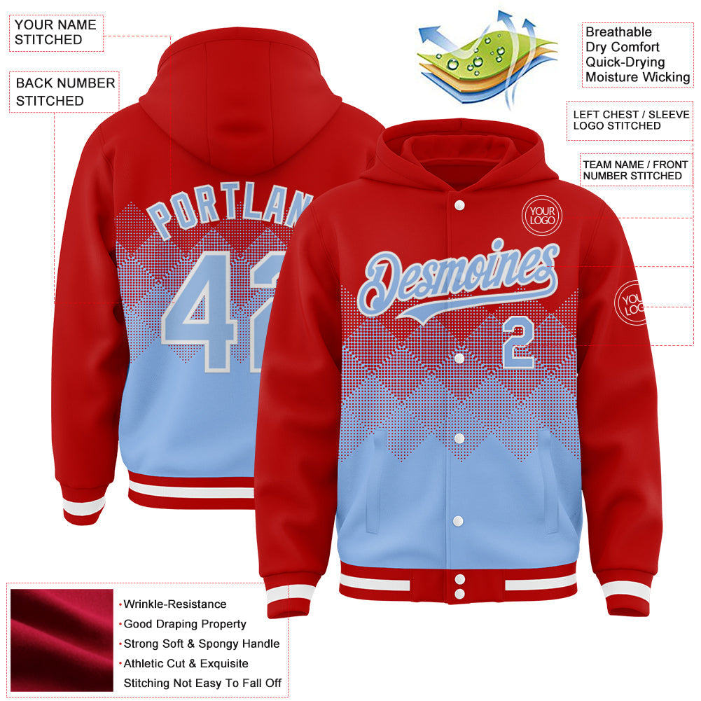 Custom Red Light Blue-White Gradient Square Shape 3D Pattern Design Bomber Full-Snap Varsity Letterman Hoodie Jacket view 3