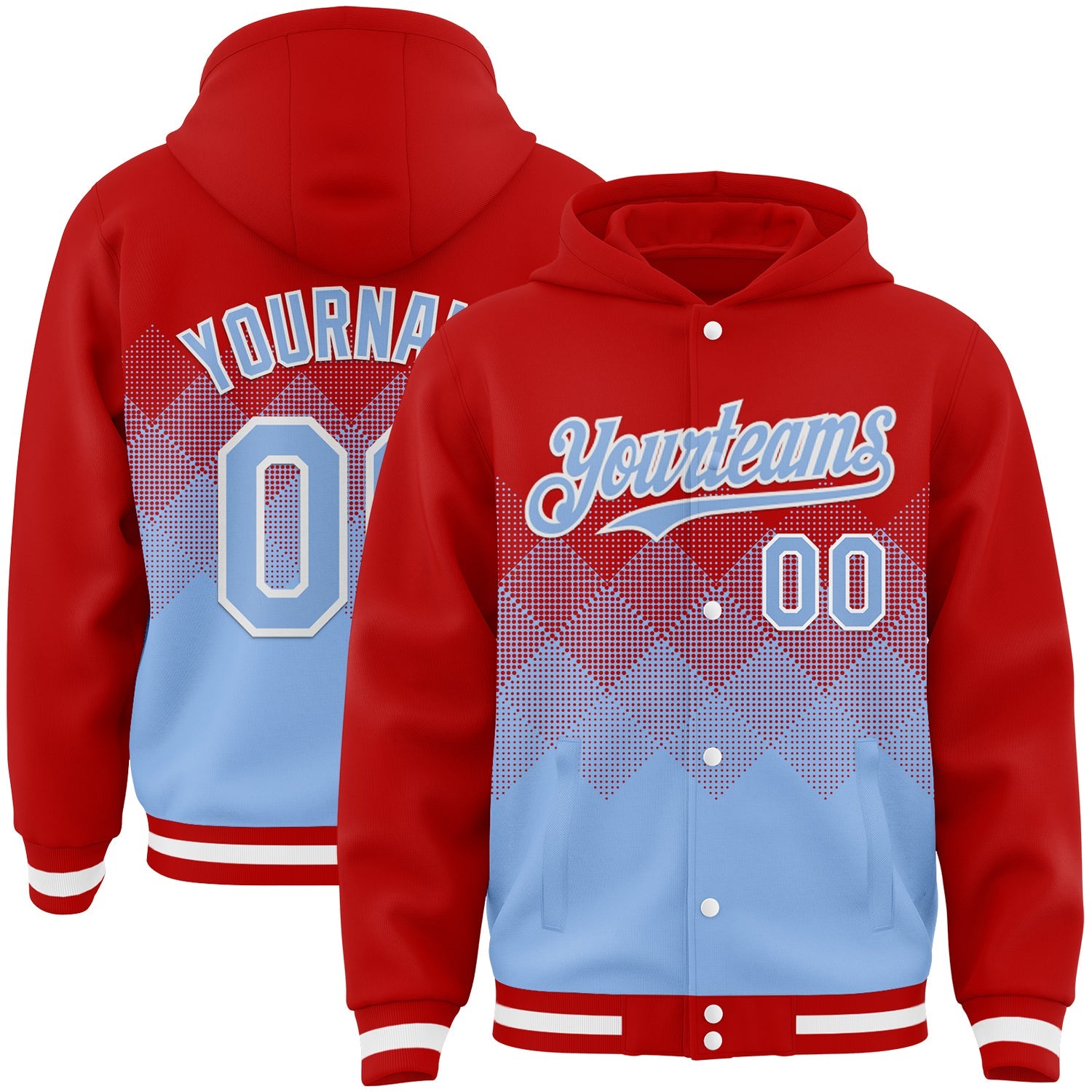 Custom Red Light Blue-White Gradient Square Shape 3D Pattern Design Bomber Full-Snap Varsity Letterman Hoodie Jacket - Main View