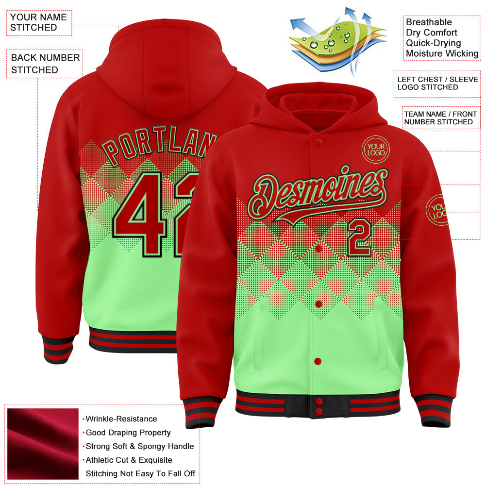 Custom Red Pea Green-Black Gradient Square Shape 3D Pattern Design Bomber Full-Snap Varsity Letterman Hoodie Jacket view 3
