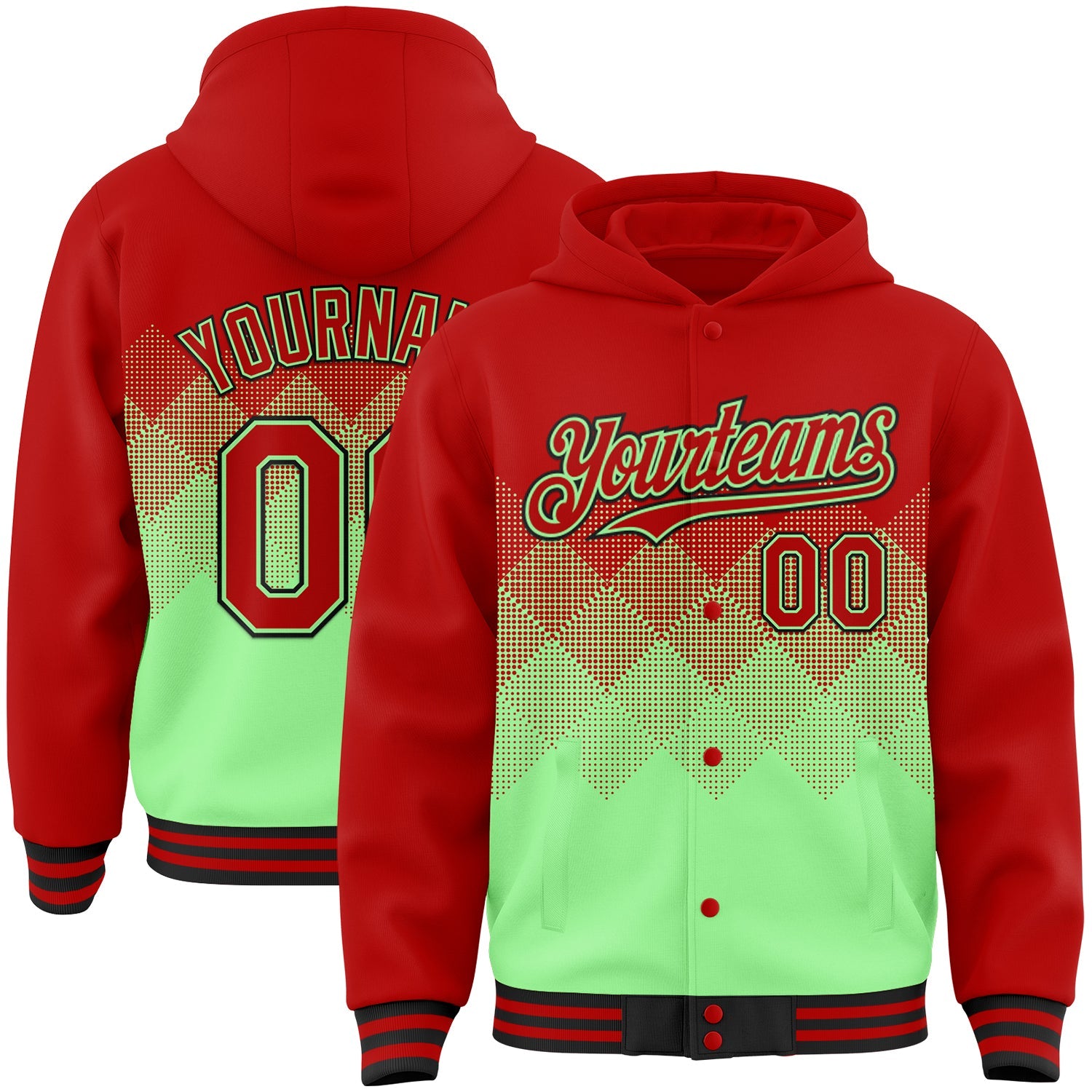 Custom Red Pea Green-Black Gradient Square Shape 3D Pattern Design Bomber Full-Snap Varsity Letterman Hoodie Jacket - Main View