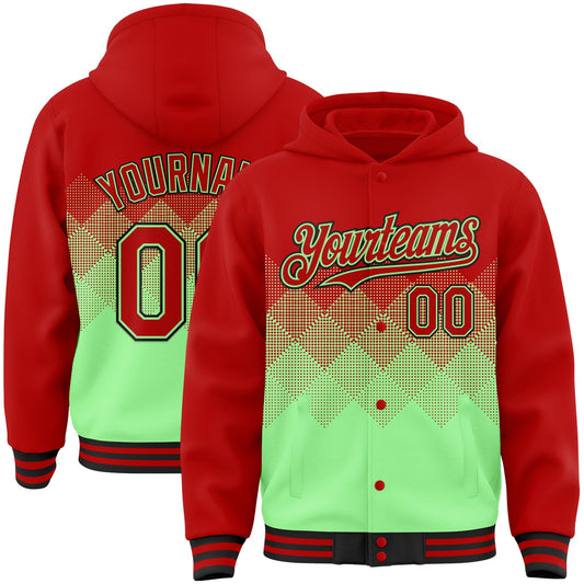 Custom Red Pea Green-Black Gradient Square Shape 3D Pattern Design Bomber Full-Snap Varsity Letterman Hoodie Jacket - Main View