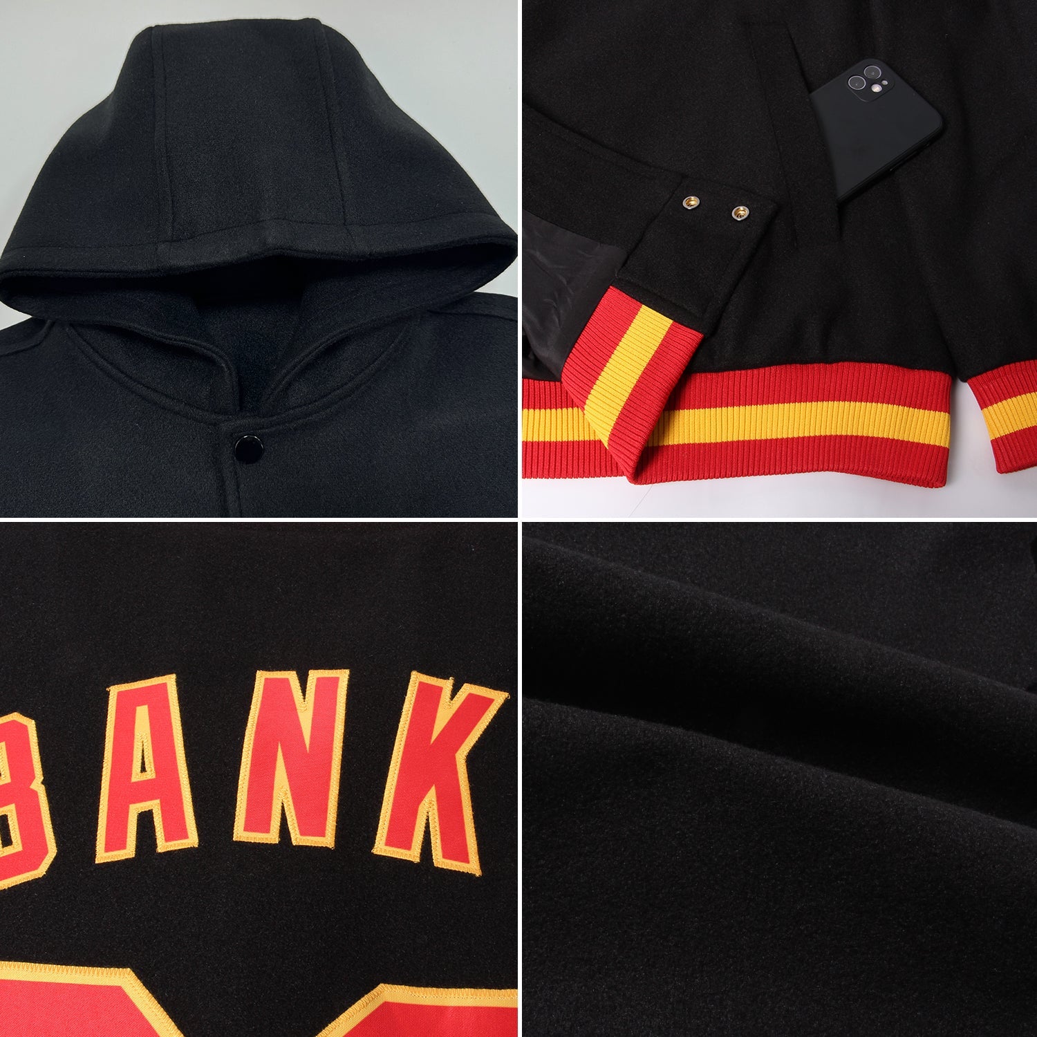 Custom Red Aurora Green-White Gradient Square Shape 3D Pattern Design Bomber Full-Snap Varsity Letterman Hoodie Jacket view 2