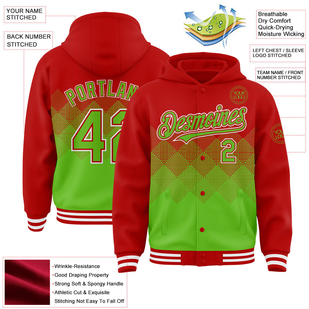 Custom Red Aurora Green-White Gradient Square Shape 3D Pattern Design Bomber Full-Snap Varsity Letterman Hoodie Jacket view 3