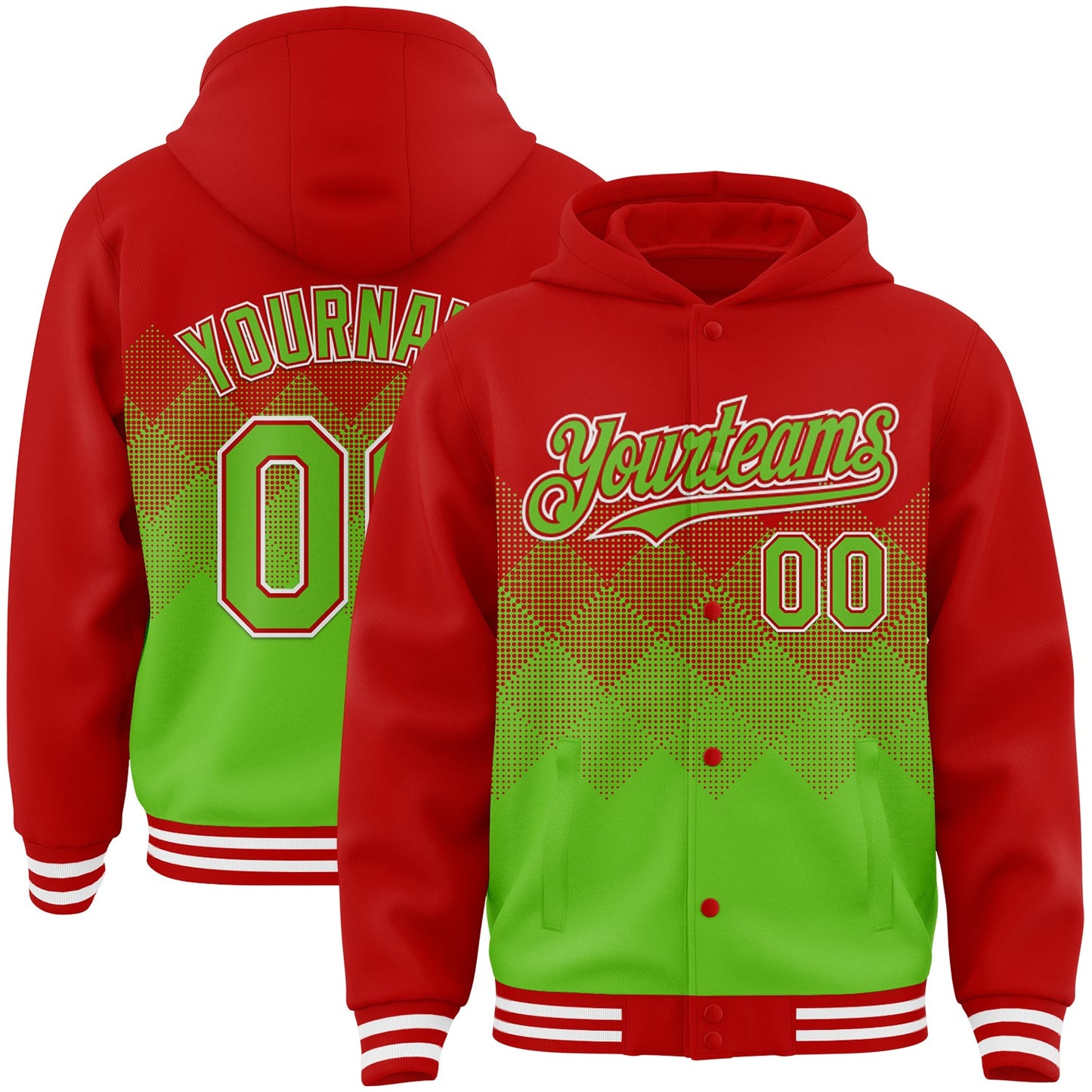 Custom Red Aurora Green-White Gradient Square Shape 3D Pattern Design Bomber Full-Snap Varsity Letterman Hoodie Jacket - Main View
