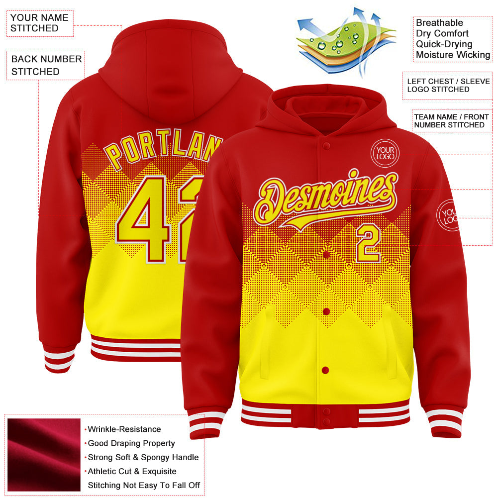Custom Red Light Yellow-White Gradient Square Shape 3D Pattern Design Bomber Full-Snap Varsity Letterman Hoodie Jacket view 3