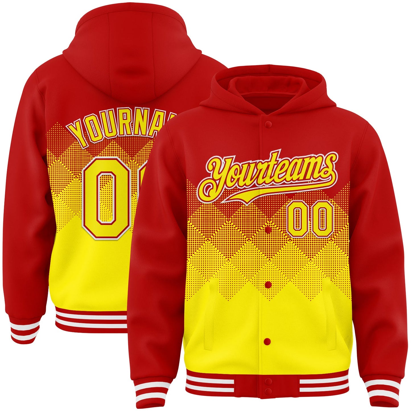 Custom Red Light Yellow-White Gradient Square Shape 3D Pattern Design Bomber Full-Snap Varsity Letterman Hoodie Jacket - Main View