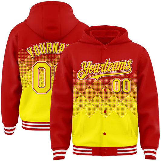 Custom Red Light Yellow-White Gradient Square Shape 3D Pattern Design Bomber Full-Snap Varsity Letterman Hoodie Jacket - Main View