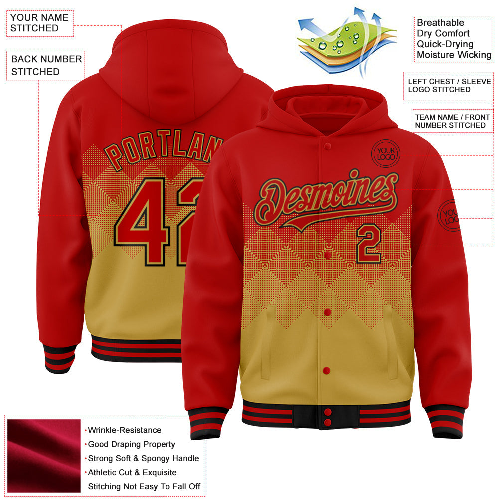Custom Red Old Gold-Black Gradient Square Shape 3D Pattern Design Bomber Full-Snap Varsity Letterman Hoodie Jacket view 3