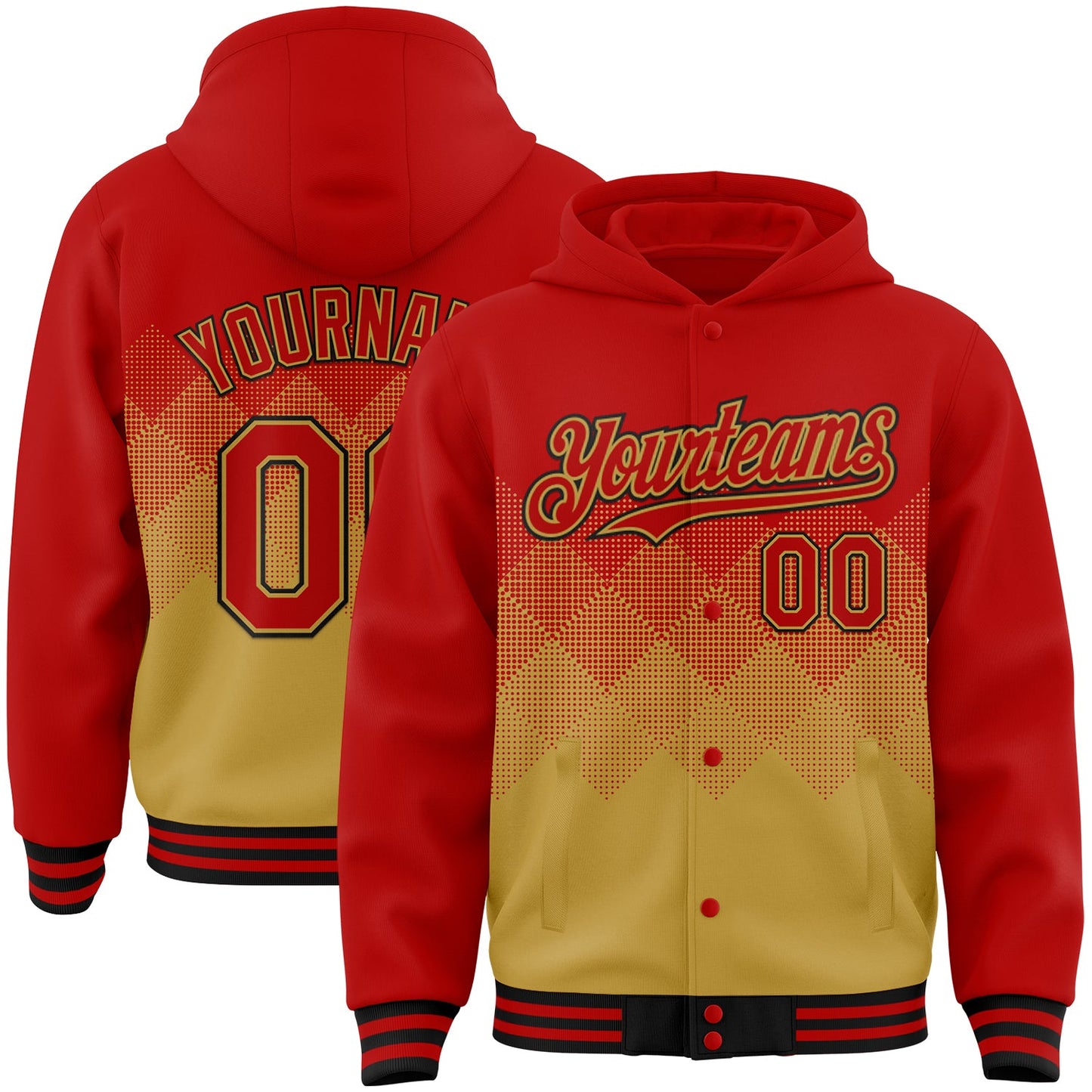 Custom Red Old Gold-Black Gradient Square Shape 3D Pattern Design Bomber Full-Snap Varsity Letterman Hoodie Jacket - Main View