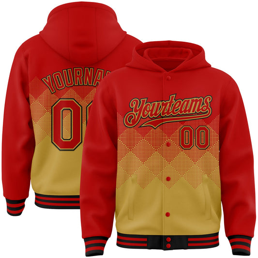 Custom Red Old Gold-Black Gradient Square Shape 3D Pattern Design Bomber Full-Snap Varsity Letterman Hoodie Jacket - Main View