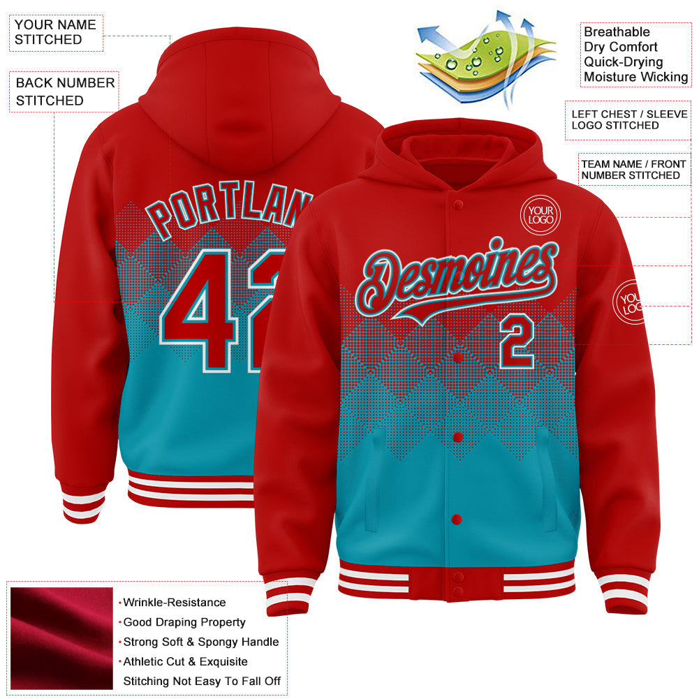 Custom Red Teal-White Gradient Square Shape 3D Pattern Design Bomber Full-Snap Varsity Letterman Hoodie Jacket view 3