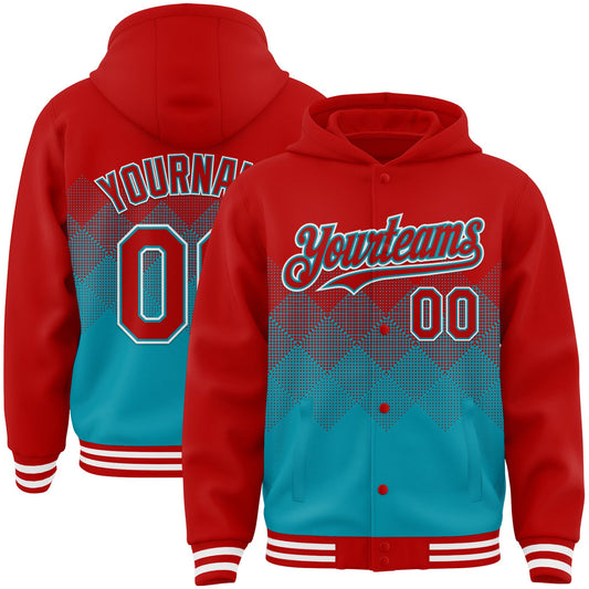 Custom Red Teal-White Gradient Square Shape 3D Pattern Design Bomber Full-Snap Varsity Letterman Hoodie Jacket - Main View